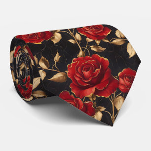 Cravate Roses rouges et dorées sur fond noir