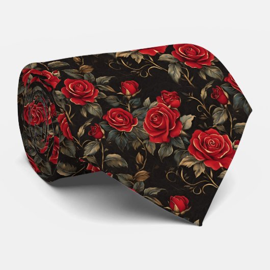 Cravate Roses rouges et dorées sur fond noir (Roulé)