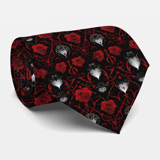 Cravate Roses Rouges Gothiques Cœurs d'Argent (Roulé)