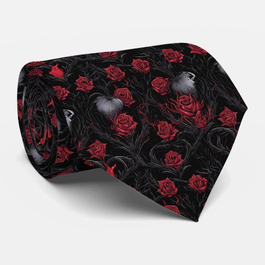 Cravate Roses rouges gothiques vignes noires (Roulé)