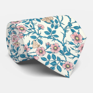 Cravate Roses sauvages et papillons /rose/bleu/blanc cassé