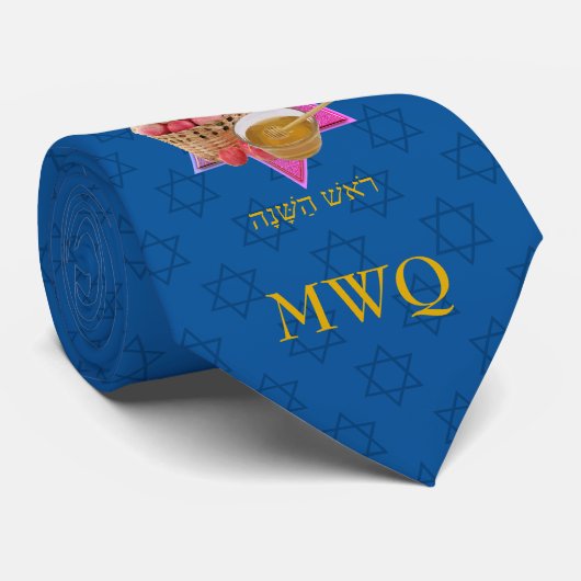 Cravate ROSH HASHANAH Tekhelet Monogramme bleu (Roulé)