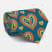 Cravate Rouge, Coeurs verts sur Turquoise foncé (Roulé)