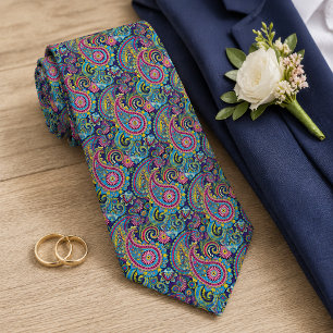 Cravate Rouge Rose Bleu Jaune Rétro Motif Floral Paisley