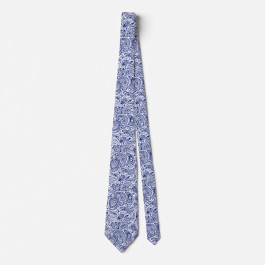 Cravate Royal Blue & White Floral Paisley Motif (Devant)