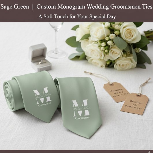 Cravate Sage Green | Custom Monogram Wedding Groomsmen