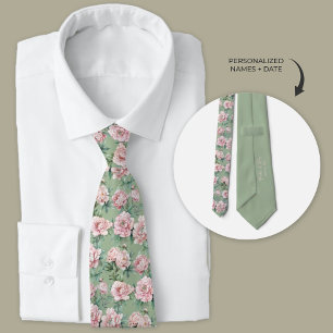 Cravate Sage Green et Peony rose Groomsmen Floral