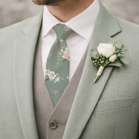 Cravate Sage Green Floral Necktie for Wedding