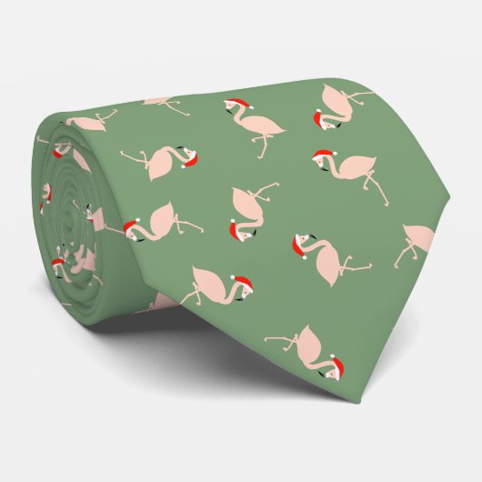 Cravate Sage Green Père Noël Flamants roses Fun Noël (Roulé)