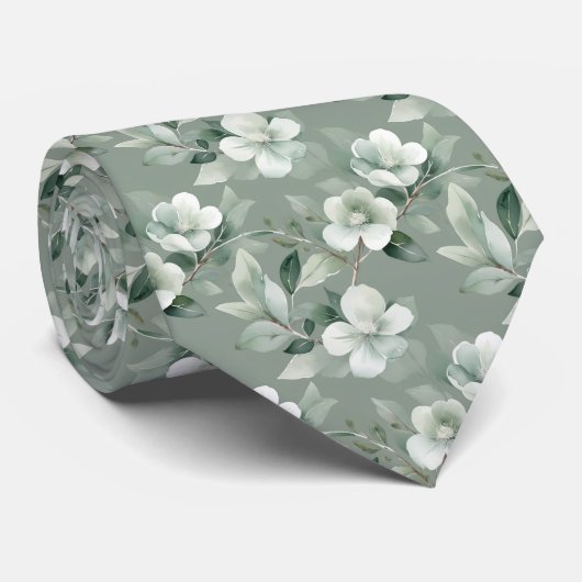 Cravate Sage Vert Blanc Floral Élégant Mariage formel (Roulé)