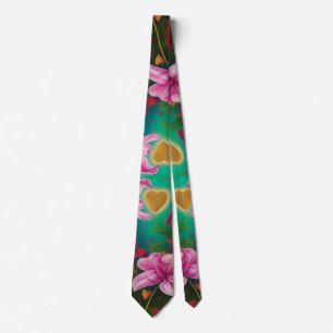 Cravate Saint Valentin - Fleurs et Coeurs roses