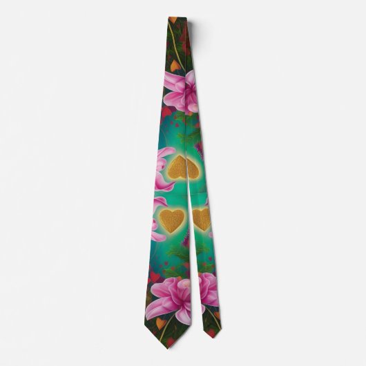 Cravate Saint Valentin - Fleurs et Coeurs roses (Devant)