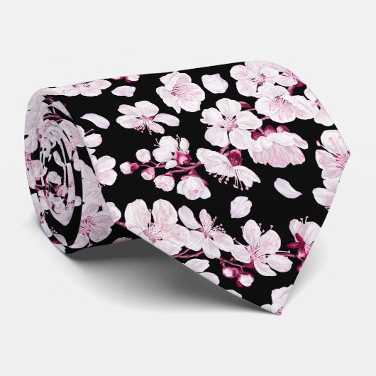 Cravate Sakura rose cerisier floral Motif moderne noir (Roulé)