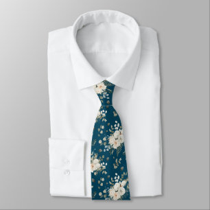 Cravate Salles Bouquet Floral Mariage blanc sur Bleu