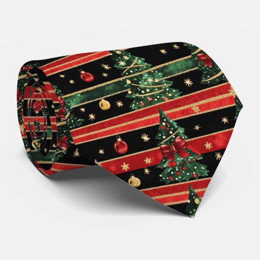 Cravate Sapin de Noël scintillant - Rayures rouges noires (Roulé)