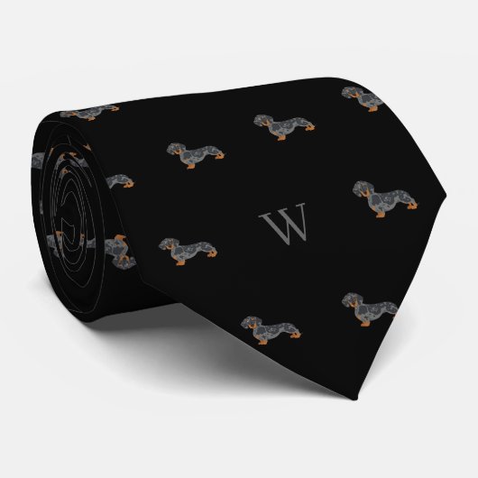 Cravate Saucisson Teckel Chien Monogramme Initiales Noir (Roulé)