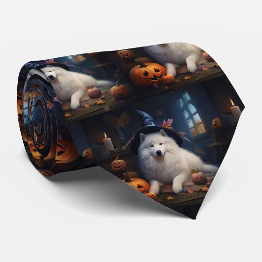 Cravate Scary d'Halloween Citrouille Samoyé (Roulé)