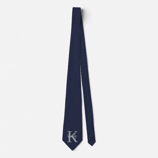 Cravate Script Monogramme bleu marine moderne (Devant)