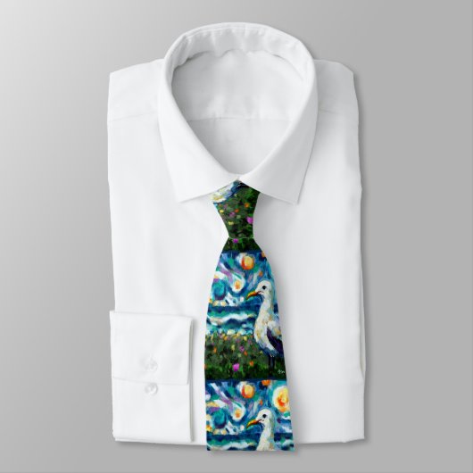 Cravate Seagull Van Gogh Style Plage Sky Blue Turquoise (Attaché)