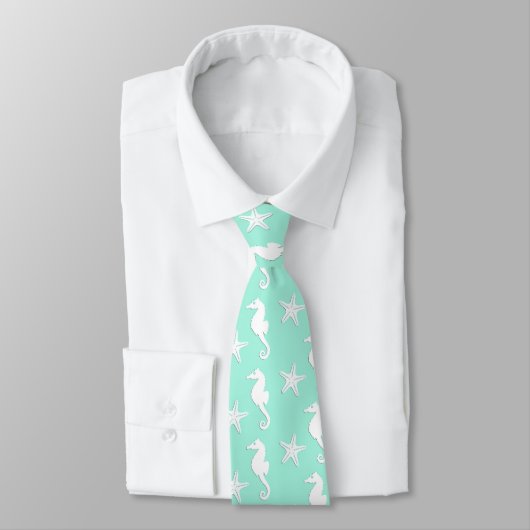 Cravate Seahorse & starfish - white on pale aqua (Attaché)