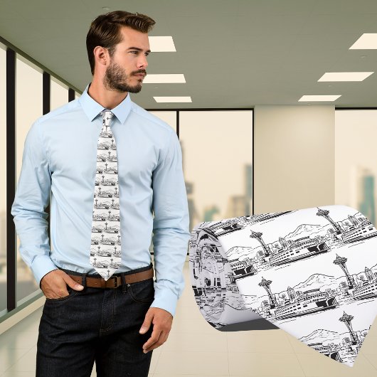 Cravate Seattle Ferry & Skyline Line Art Washington State