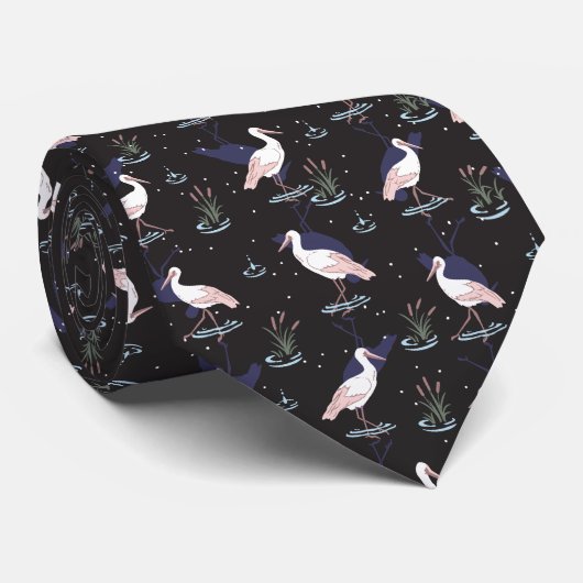Cravate Serene Stork Pond Motif - Élégantes réflexions (Roulé)