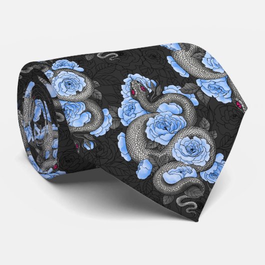 Cravate Serpents et roses bleus (Roulé)
