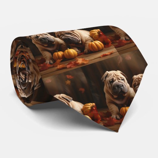 Cravate Shar Pei Chiot Automne Citrouille de plaisir (Roulé)