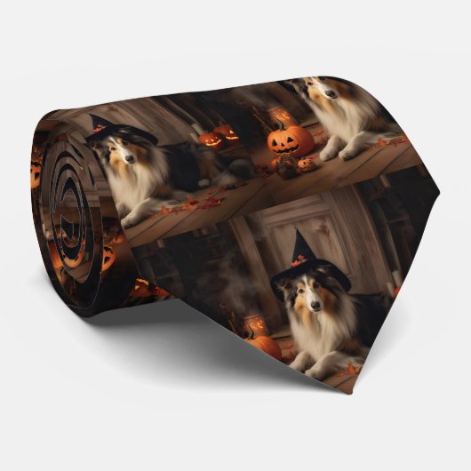 Cravate Shetland Sheepdog Citrouille Halloween effrayant (Roulé)