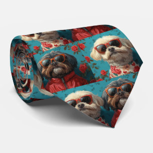 Cravate Shih Tzu avec cœurs roses Saint-Valentin