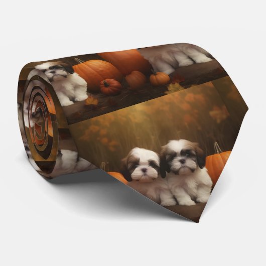 Cravate Shih Tzu Puppy Automne Citrouille de plaisir (Roulé)