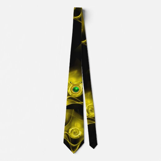 CRAVATE SIGNE TAURUS ZODIAC, ROSE FRACTAL JAUNE EN NOIR (Devant)