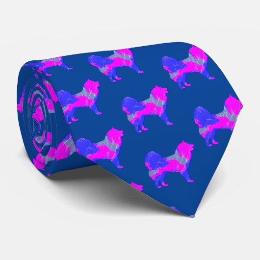 Cravate Silhouette de chien Samoyé rose et bleu bleu foncé (Roulé)