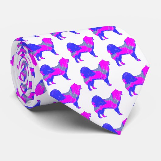 Cravate Silhouette de chien Samoyé rose et bleu clair blan (Roulé)