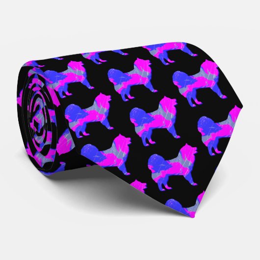 Cravate Silhouette de chien Samoyé rose et bleu clair noir (Roulé)