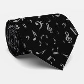 Cravate Silver Grey Notes musicales sur Black (Roulé)