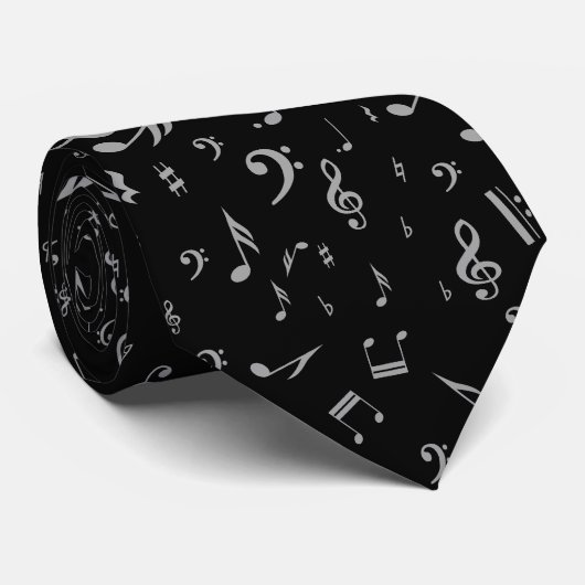 Cravate Silver Grey Notes musicales sur Black (Roulé)