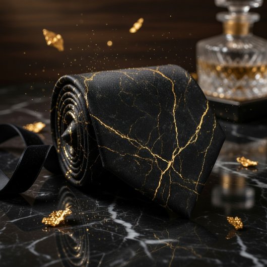 Cravate Simple Black Marble Texture with Subtle Gold Veins