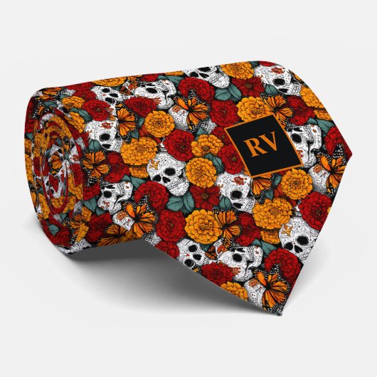 Cravate Skulls and Butterflies with Marigolds (Roulé)