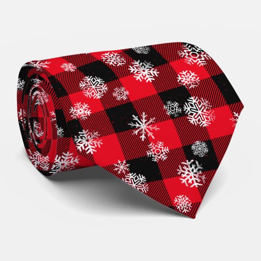 Cravate Snowflakes Red Buffalo Plaid l Christmas Pattern (Roulé)