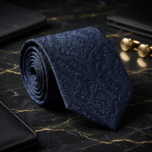 Cravate Soie de luxe bleu marine minuit jacquard baroque d