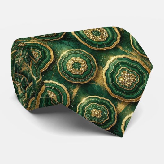 Cravate Soie fausse de luxe | Géode verte + or (Roulé)