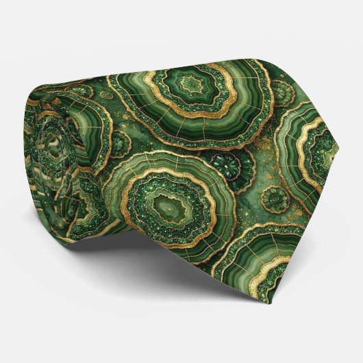 Cravate Soie fausse de luxe | Géode verte + or (Roulé)
