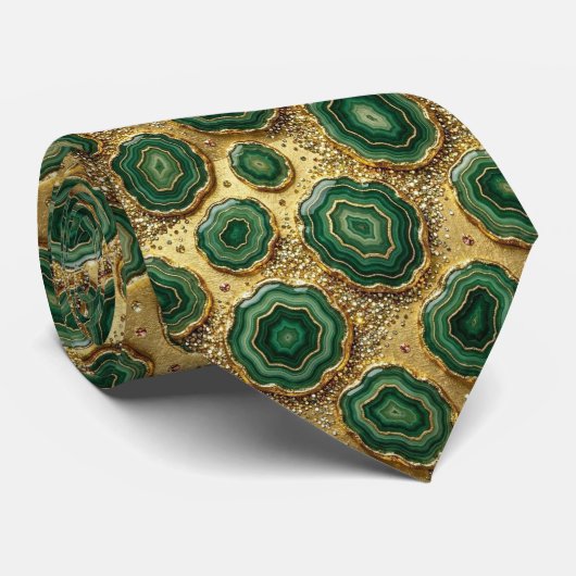 Cravate Soie fausse de luxe | Géode verte + or (Roulé)