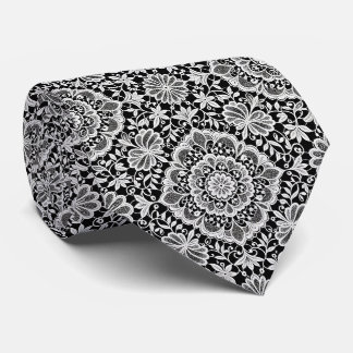 Cravate Soie fausse | Motif de dentelle noir et blanc |