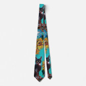 CRAVATE SOUCHES AVEC CHAT NOIR EN TURQUOISE BLEUE (Devant)