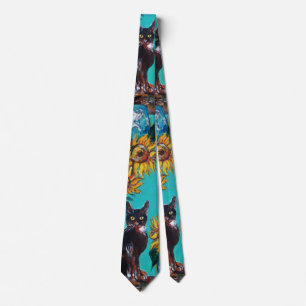 CRAVATE SOUCHES AVEC CHAT NOIR EN TURQUOISE BLEUE