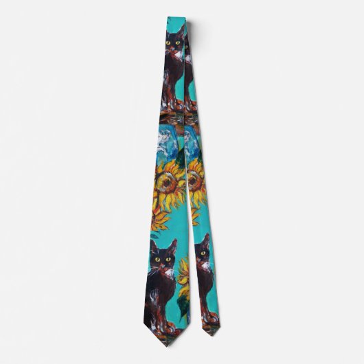 CRAVATE SOUCHES AVEC CHAT NOIR EN TURQUOISE BLEUE (Devant)