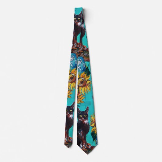 CRAVATE SOUCHES AVEC CHAT NOIR EN TURQUOISE BLEUE (Dos)