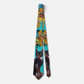 CRAVATE SOUFFLE AVEC CHAT NOIR EN BLEU TURQUOISE (Devant)